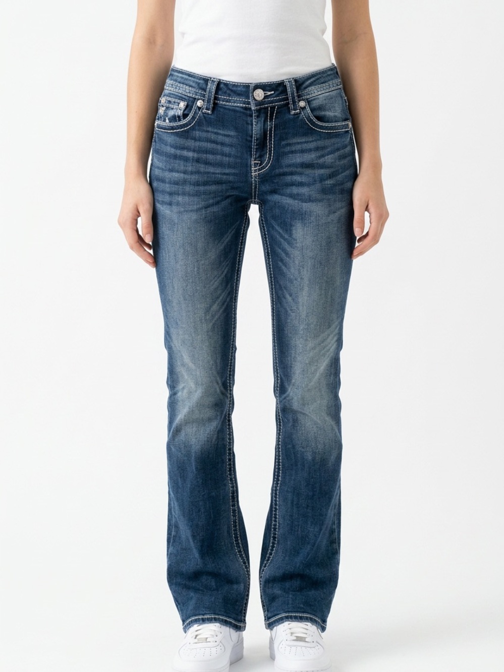 Miss Me classic Women's Mid-Rise Bootcut Jeans in Dark Blue